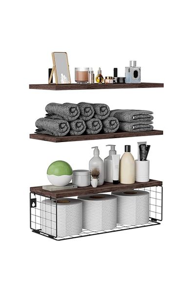 Generic ROUNY Floating Shelves Wall Mounted, Bathroom Shelves Set of 3 with Wire Storage Basket & Protectiv