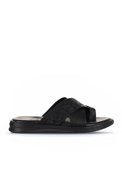 Bueno Shoes Black Printed Leather Men's Flat Slippers 25Mt2232