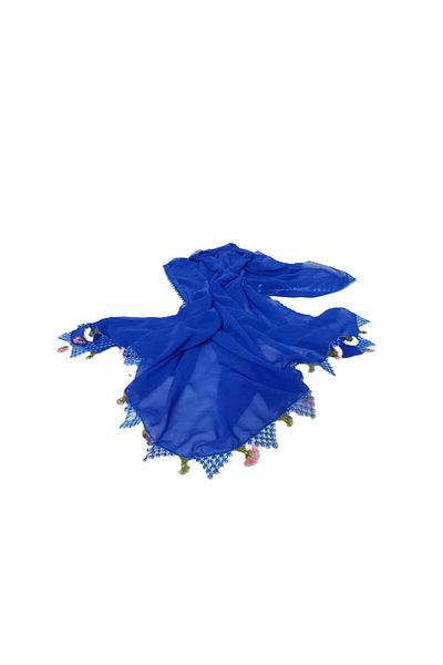 SYAZE Saks Blue Chiffon Prayer Cover – Handmade Needlework with Pink and White Flower Motifs