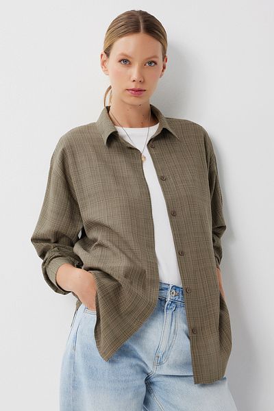Lovelyİstanbul Checkered Linen Shirt Lyy0120 Khaki