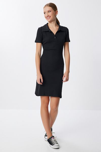 Lovelyİstanbul Polo Neck Ribbed Mini Knitted Dress Lmx0110 Black