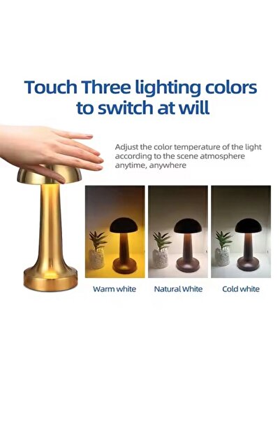 Carat Home Dokunmatik Şarjlı 3 Kademeli Işıklı Gece Lambası Usb Girişli Gold Metal Mantar Masa Lambası