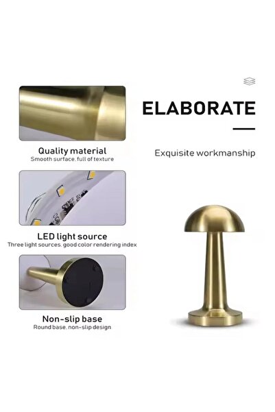 Carat Home Dokunmatik Şarjlı 3 Kademeli Işıklı Gece Lambası Usb Girişli Siyah Metal Mantar Masa Lambası