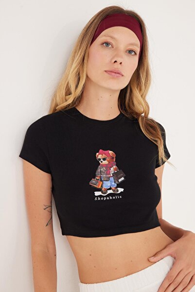 Tudors Tricou negru cu imprimeu pentru femei, slim fit, 100% bumbac