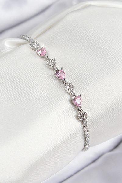 shopwave Brass Zircon Stone Pink Heart Model Silver Color Women's Bracelet