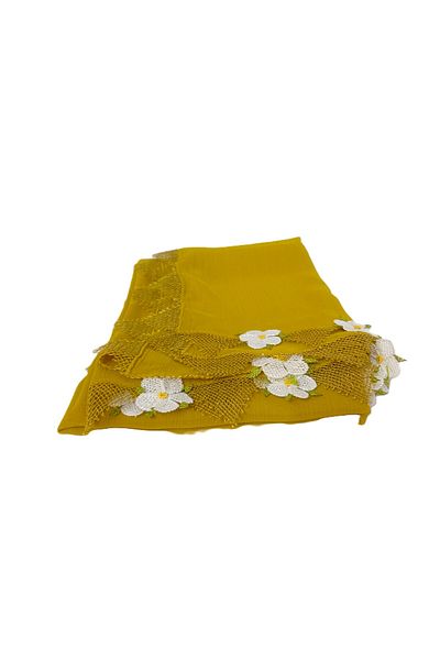 SYAZE Mustard Chiffon Prayer Cover – White Flower Motif Handmade Needlework
