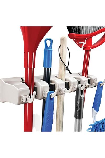 Generic Home-It It Mop And Broom Holder, 5 Position With 6 Hooks Garage Storage Holds Up To 11 Tools, Solut