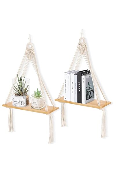 Generic Wall Hanging Shelf–Boho Style Wooden Floating Shelves with Handmade W...