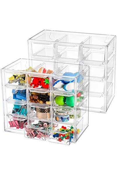 Generic Mini Desk Organizer with 12 Removable Clear Plastic Drawers, Modular Desktop Storage Box for Craft