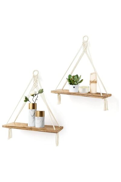 Generic Angju Macrame Hanging Shelves Boho Wall Decor Set of 2 Rustic Wood Fl...