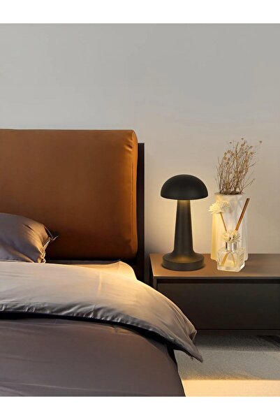 Carat Home Dokunmatik Şarjlı 3 Kademeli Işıklı Gece Lambası Usb Girişli Siyah Metal Mantar Masa Lambası