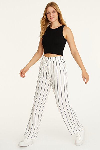 SheLoria Women's White Black Striped Belted Elastic Waist Relaxed Fit Palazzo...