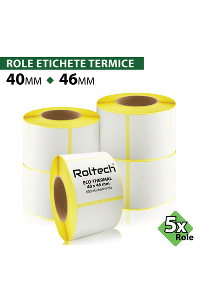 ROLTECH Role de etichete termice | 40x46mm | 600 coli/rolă | tub de 40mm | Ro...
