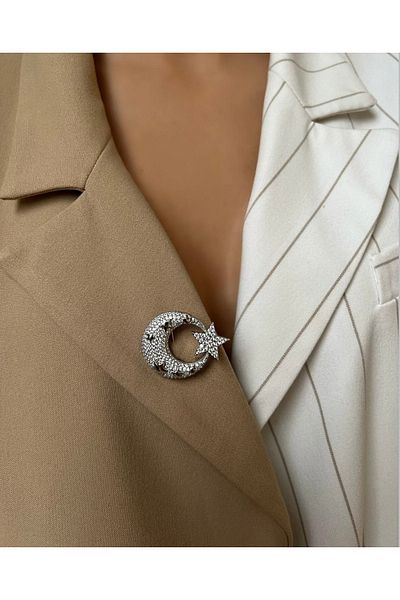 İNN JEWELLERY Steel Brooch Moon-Star Figured Vip Series