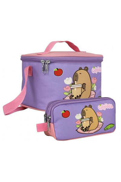capybara Girls Thermal Insulated Lunch Bag and Pencil Bag Set - Purple/Pink - Setcpb5234
