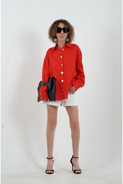 Zelish My Sister Kırmızı Düğme Detay Naturel Keten Gömlek