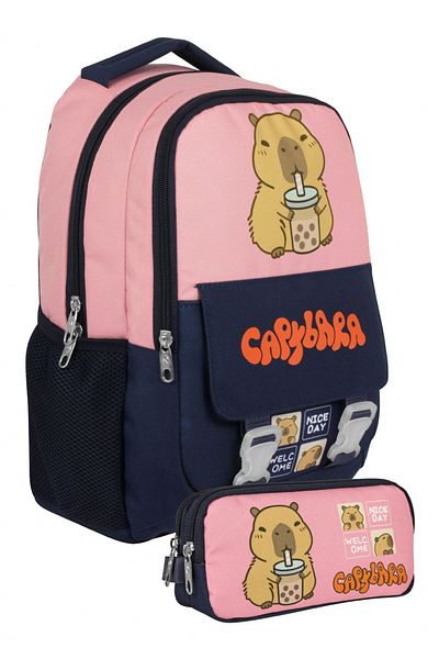 capybara Girl's Primary School Backpack and Two-Eye Pen Holder Set - Navy Blue - Pink - Setcpb5203C
