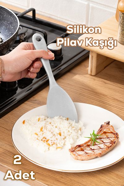 Porsima 5262-2 2 Pieces Hard Tip Silicone Rice Spoon Fireproof Non-Stick Non-Slip Rice Scoop Spoon Gray 22 cm