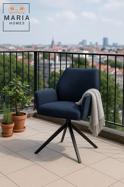 MARIA HOMES Dark Blue Swivel Armchair – Modern Fabric Upholstery with Sturdy Metal Base