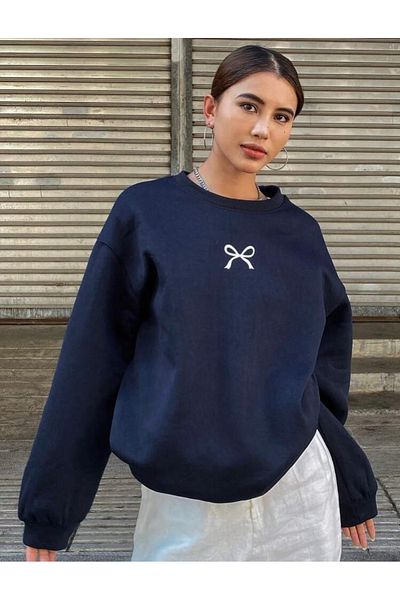 BYMEER Women's Navy Blue Bow Printed Sweatshirt