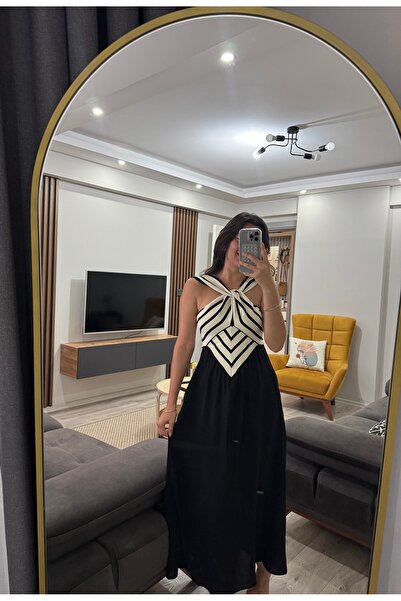 Polyester imalat Çapraz Çizgili Triko Detaylı Elbise