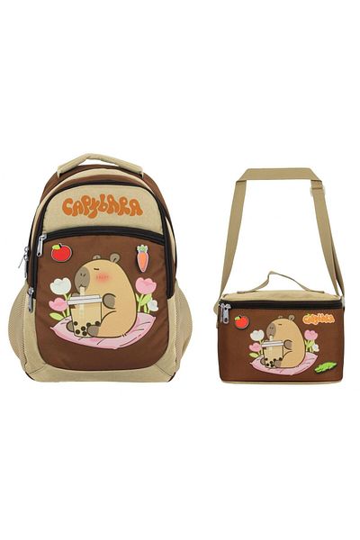 capybara Boys' School Backpack and Lunch Bag Set - Beige - Brown - Setcpb5230B