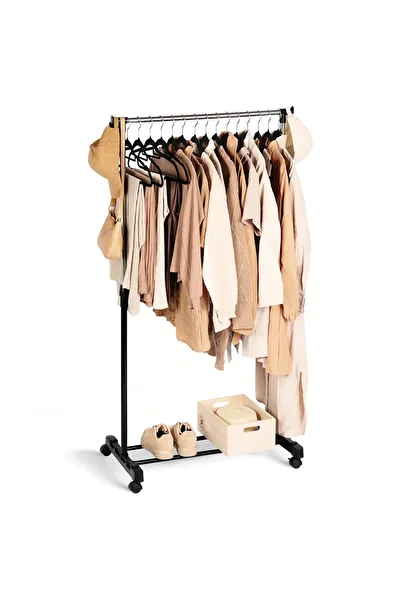 shumee 140cm black metal standing coat rack with wheels
