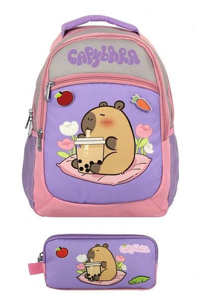 capybara Girl's Primary School Backpack and Two-Eye Pen Holder Set - Purple - Pink - Setcpb5233C