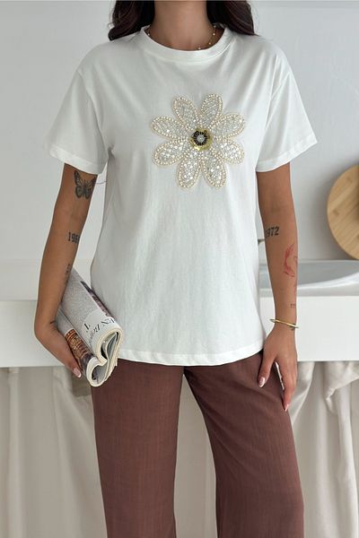 FEMELLE White Pearl and Sequin Flower Embroidered Cotton T-Shirt