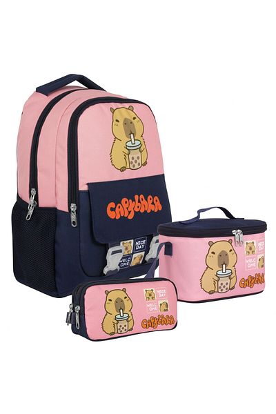 capybara (Girl - Navy Blue - Pink) Primary School Triple Bag Set - Setcpb5203A
