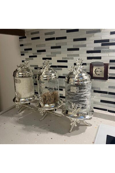 AZADE BAKIR GÜMÜŞ PİRİNÇ AYAKLI LÜX KAVANOZ 3’LÜ SET