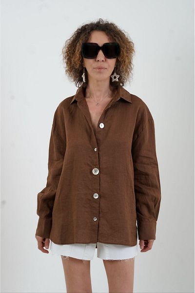 Zelish My Sister Brown Button Detail Natural Linen Shirt