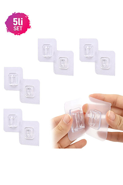 Soillium Çift Taraflı Yapışkanlı Geçmeli Klips Şeffaf Duvar Asma Kancası 5 Çift Eşya Sabitleme Kanca Askısı