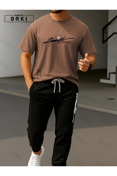 EFFRENATU Limited Edition Printed Oversize Light Brown T-Shirt & Black Pants Tracksuit Set