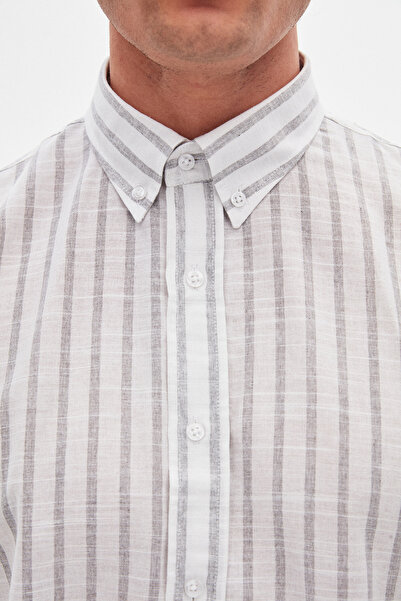 D'S Damat Ds Damat Slim Fit Gray Striped 100% Cotton Summer Linen Shirt