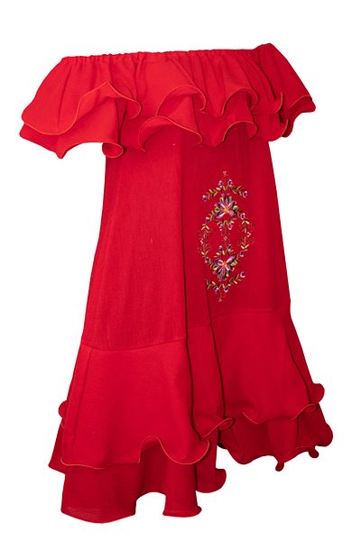 Atelier Anca Socolovschi Women's dress, red with ruffles and floral embroidery, size S/M