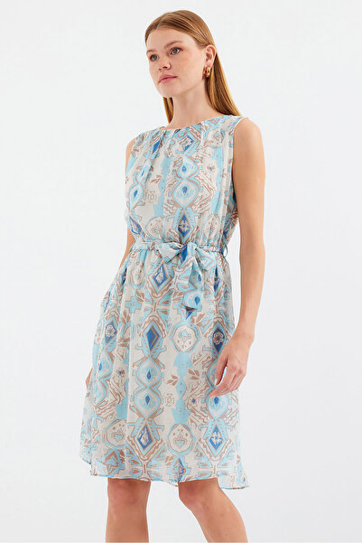 Merterium Women's Patterned Zero Sleeve Chiffon Dress Blue 1161
