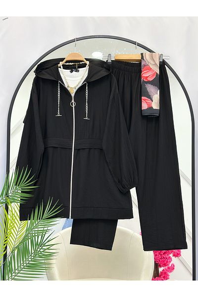 YEDİLALE Moti̇ve Hooded Zippered Relaxed Women's Double Tesstur Set