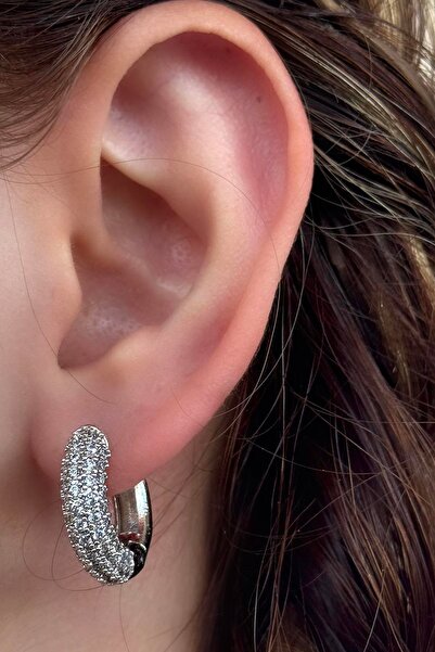 TAKIŞTIR Silver Color Stone Detailed Hoop Earrings (Pair)