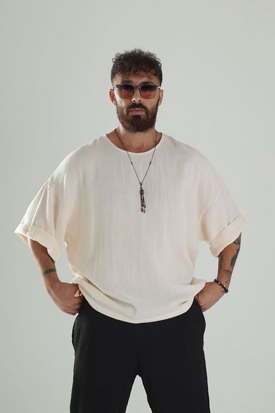 COCOPELLI Beige Muslin Fabric Oversize Poor Sleeve T-Shirt