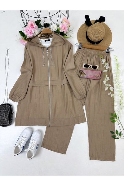 YEDİLALE Moti̇ve Hooded Zippered Relaxed Women's Double Tesstur Set