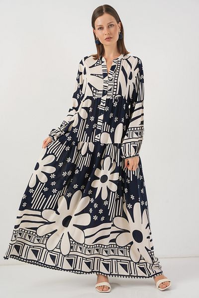 Bigdart Women's Patterned Long Hijab Dress 2585 - L. Navy Blue