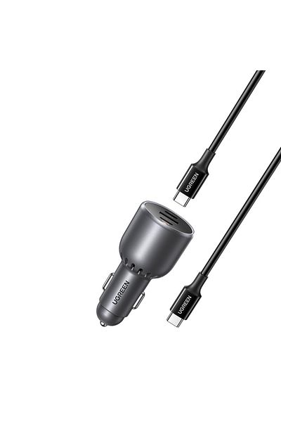 Ugreen Car Charger for Phone, Laptop, Fast Charge, LED Light, 2x USB-C, 130W, Type-C Cable, EC705, Gray