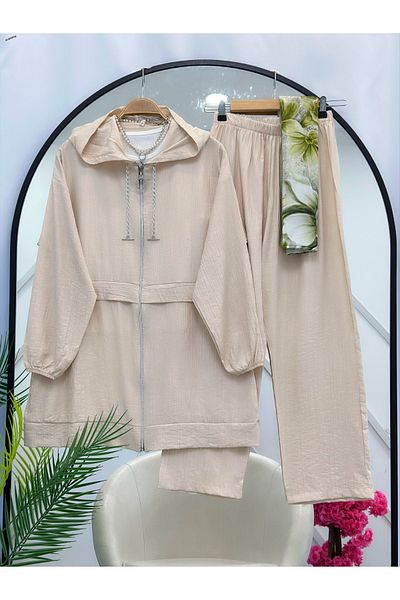 YEDİLALE Moti̇ve Hooded Zippered Relaxed Women's Double Tesstur Set