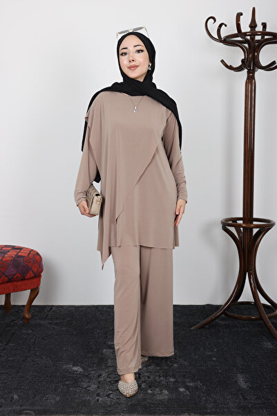 SHEZAN MODA طقم حجاب مكون من قطعتين من قماش ساندي بتصميم غير متماثل مع أكتاف ...