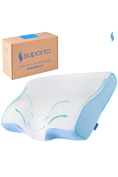 Suporto Set perne cervicale anatomice și ortopedice albastre + mască de dormit 3D, somn confortabil.