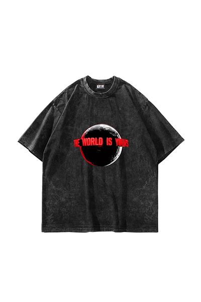 Sekizbiraltı The World Is Yours V2 Printed Oversize Unisex Washable Black Tshirt