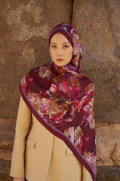 ED Scarf Sunrise Flower Pattern Shawl - Claret Red