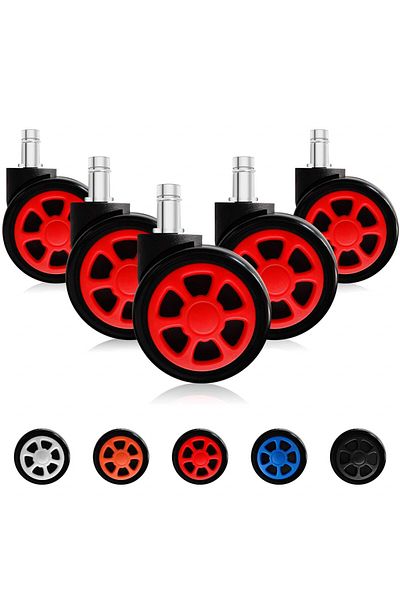 TIANSHU Set of 5 castors for office chair, polyurethane/metal, black/red/silver, 60 x 54 x 83 mm