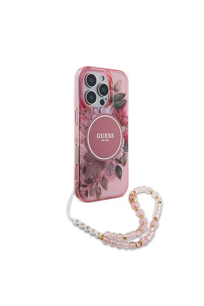 Guess Case for iPhone 16 Pro Max, IML Flowers with Pearl Strap MagSafe, - Pink